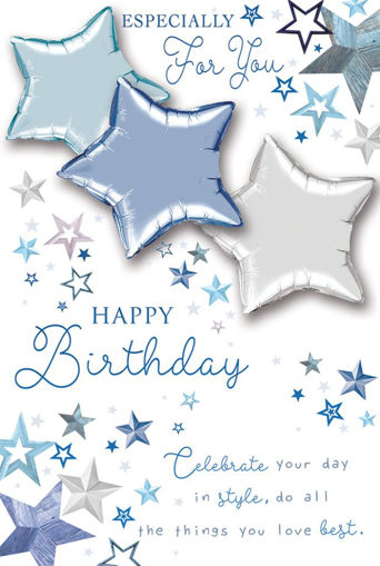 Picture of HAPPY BIRTHDAY CARD + FOIL BALLOONS BLUE & SILVER